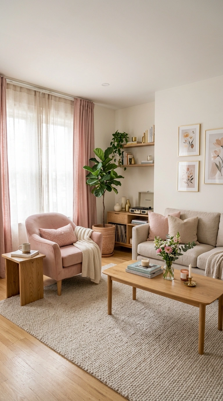 015 Soft Pink and Warm White A living room with warm w