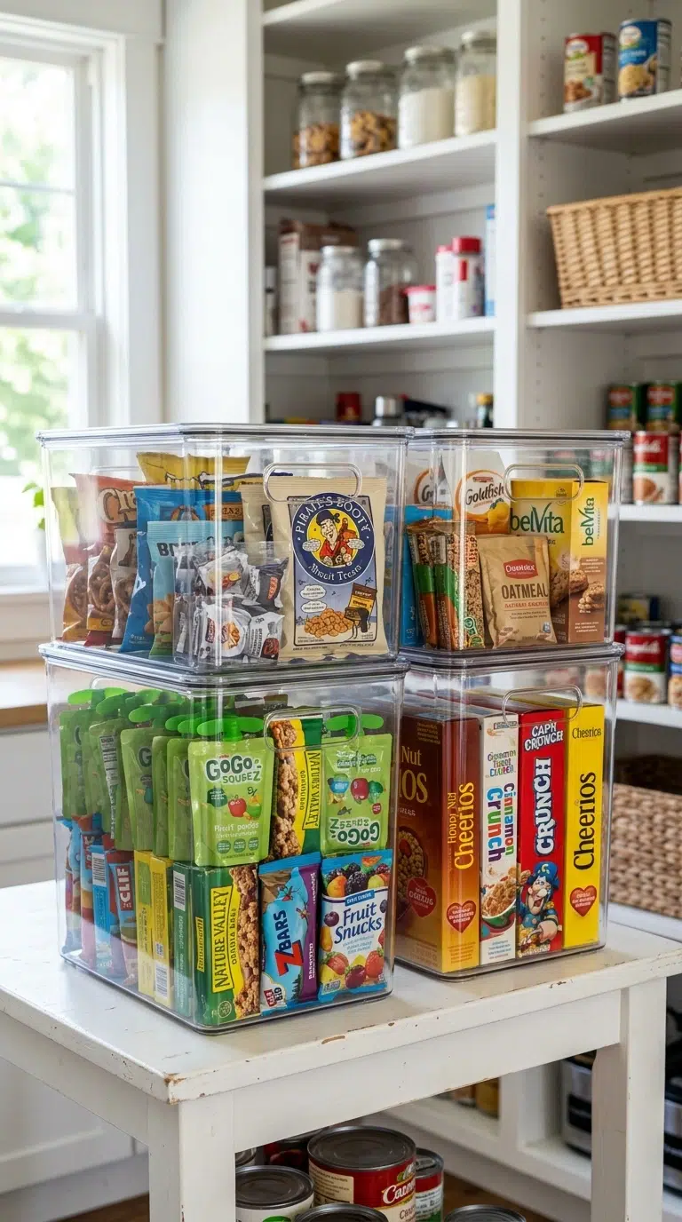 015 Stackable Food Bins An open pantry shelf with clea