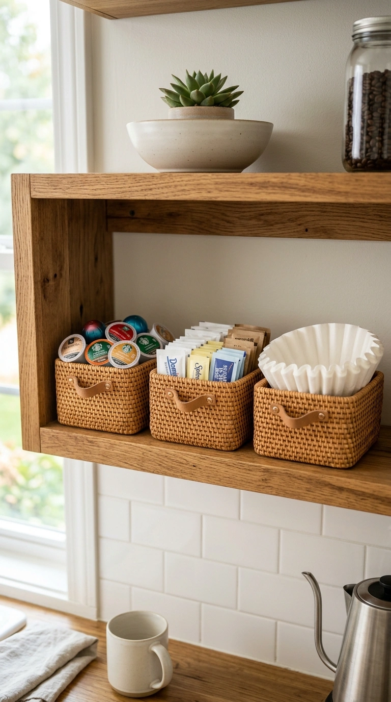 015 Woven Basket Storage An open kitchen shelf holding