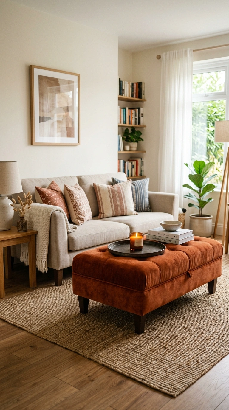 016 Add a Bold Ottoman A living room with a rust orang