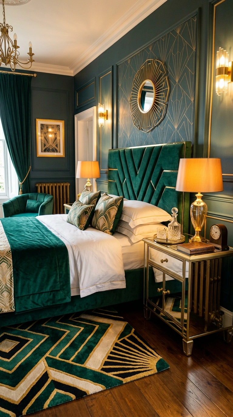 016 Art Deco Glam A bedroom with an emerald green velv