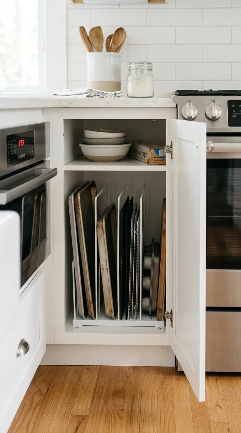 016 Baking Sheet Dividers An open lower kitchen cabine