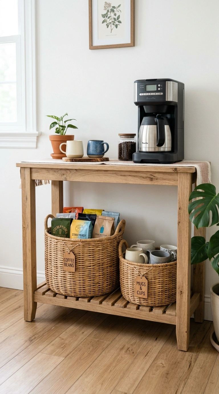 016 Basket Storage Corner A light wood console table a