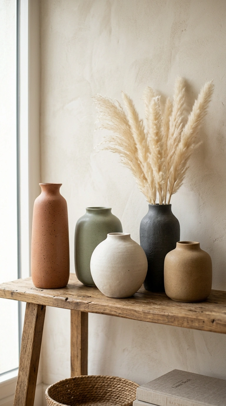 016 Ceramic Vase Collection A wooden shelf styled with