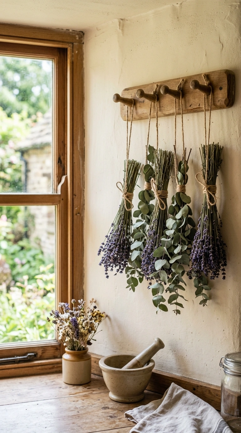 016 Dried Herb Bundles A kitchen counter corner with s