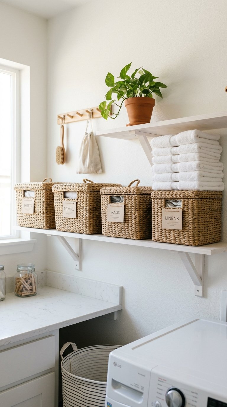 016 Labeled Storage Bins A laundry room shelf lined wi