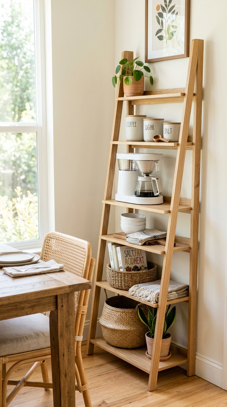 016 Ladder Shelf Corner A light wood ladder shelf lean
