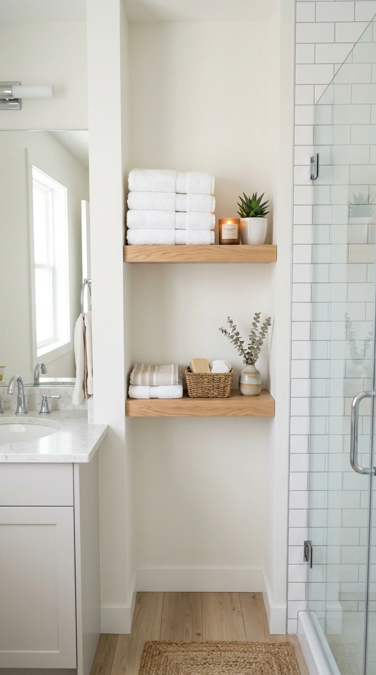 016 Open Shelving Nook A small bathroom wall gap betwe