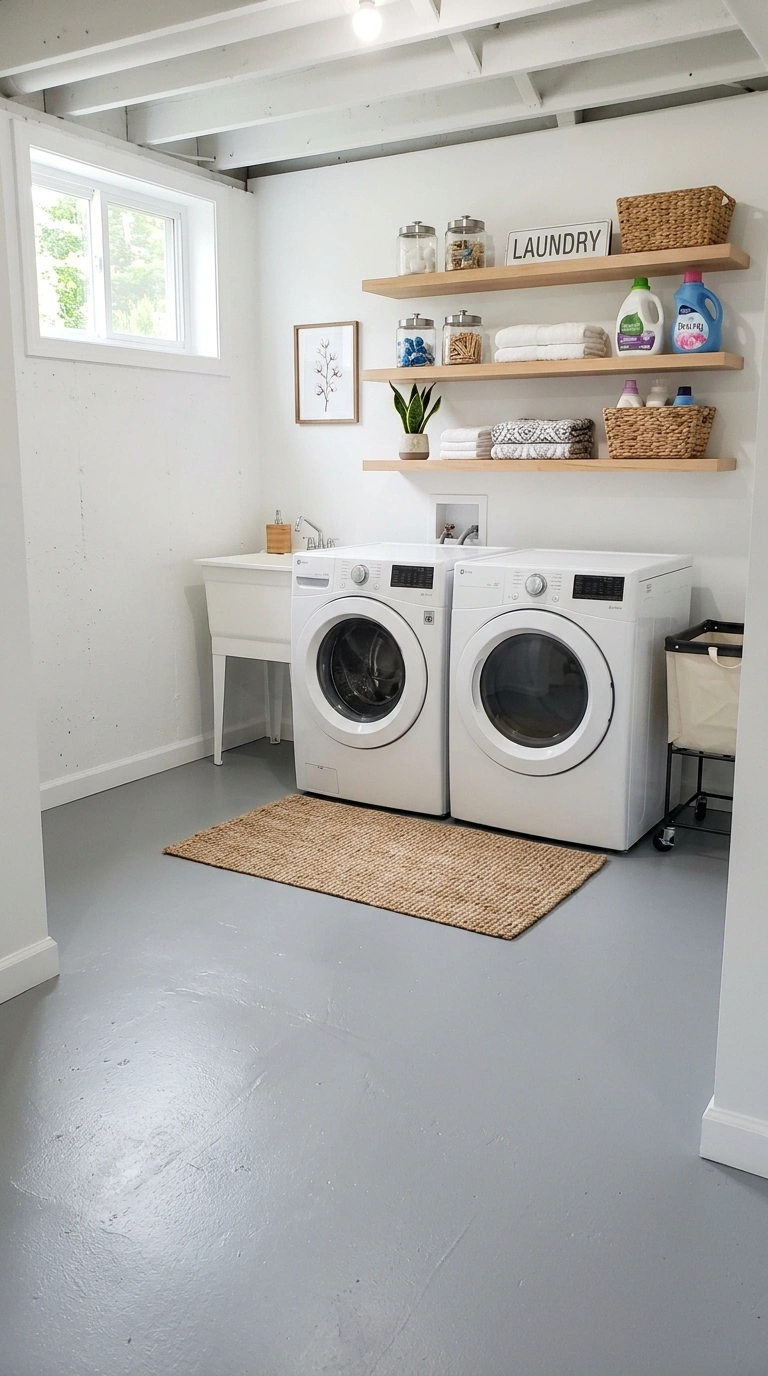 016 Painted Concrete Floor A basement laundry room wit