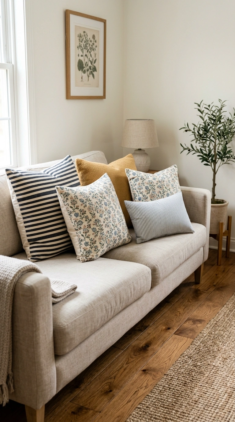 016 Patterned Throw Pillows A neutral sofa styled with