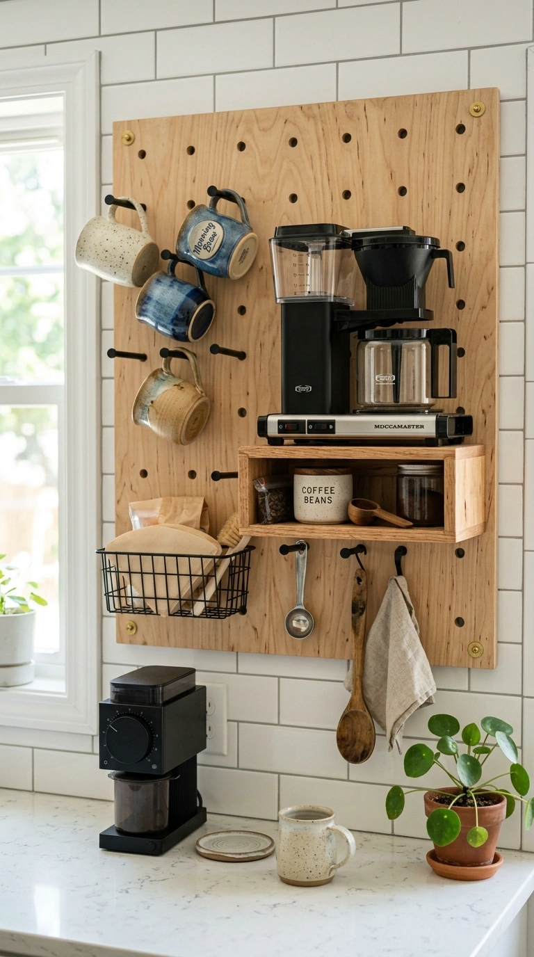 016 Pegboard Coffee Wall A natural wood pegboard mount