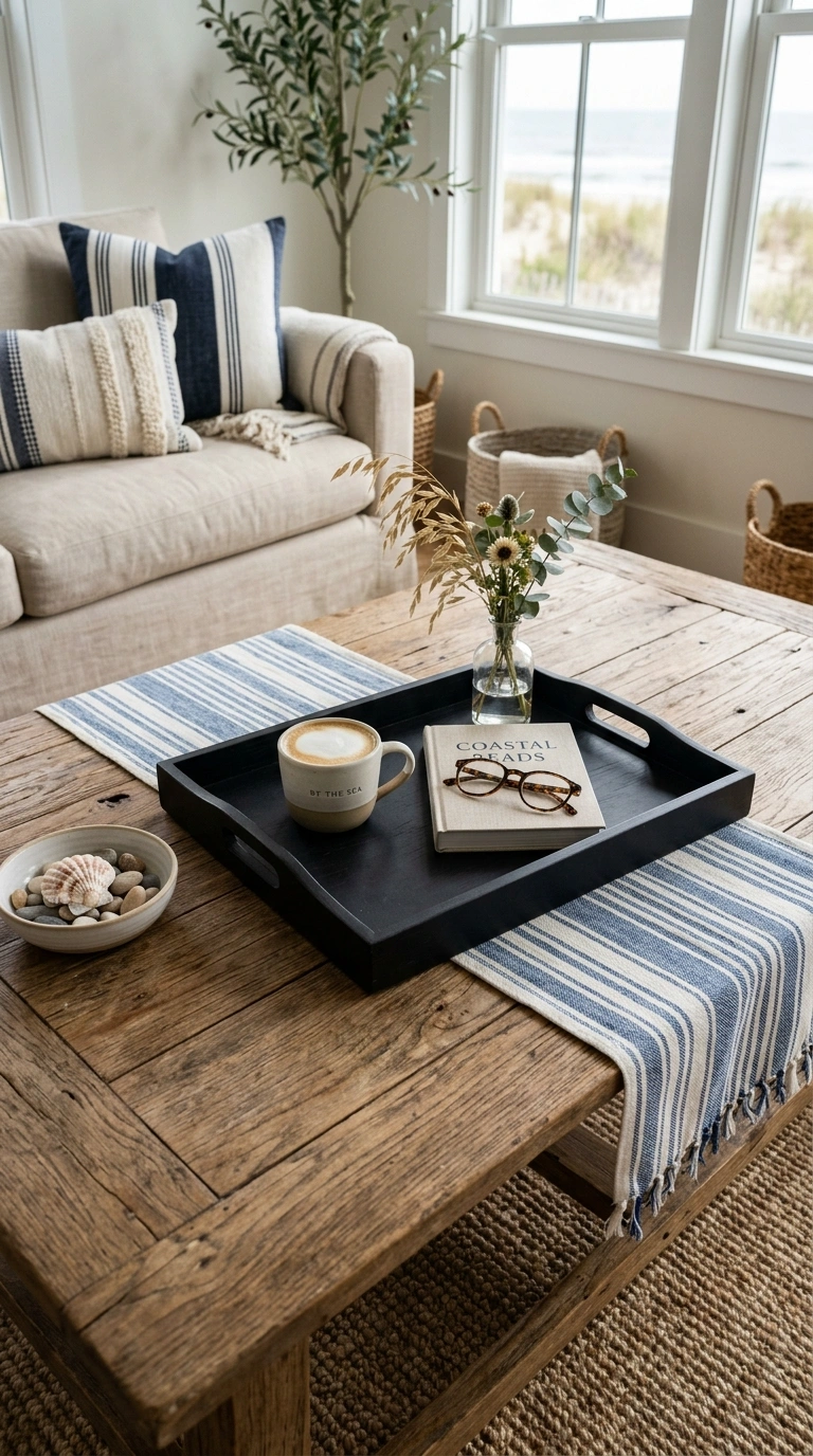 016 Striped Linen Runner A wooden coffee table with a