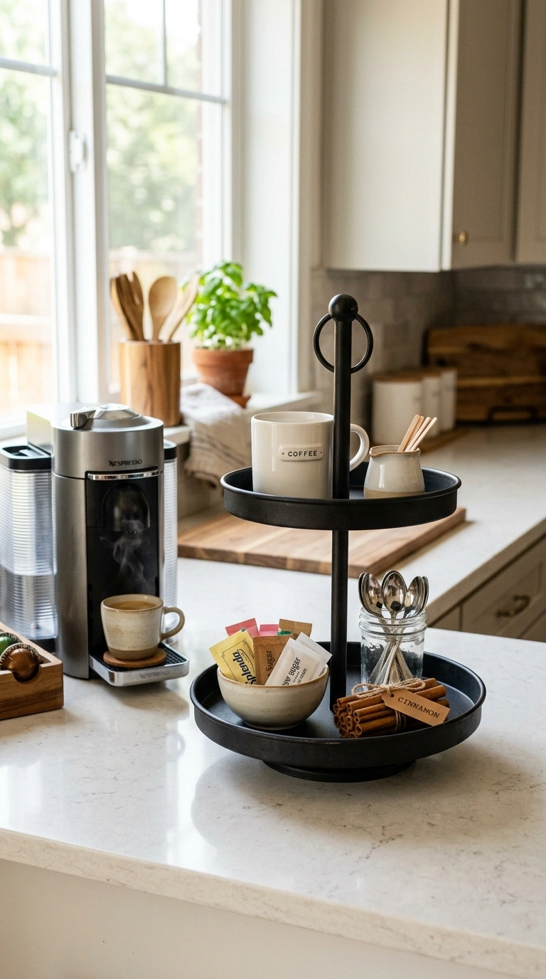 016 Tiered Tray Styling A two tier metal stand on a ki