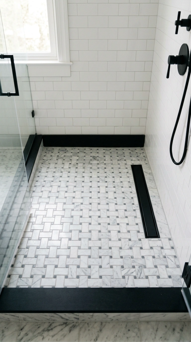 017 Basketweave Marble Tile A shower floor detailed wi