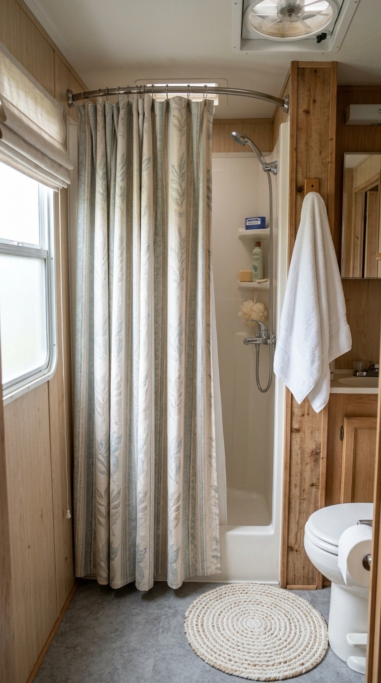 017 Bathroom Shower Curtain A compact RV bathroom with