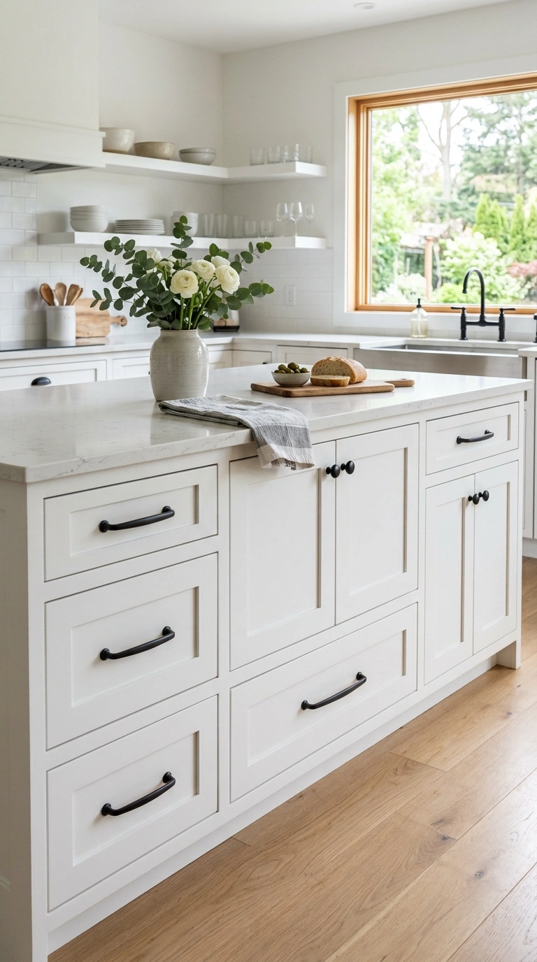 017 Black Cabinet Hardware A white kitchen island with