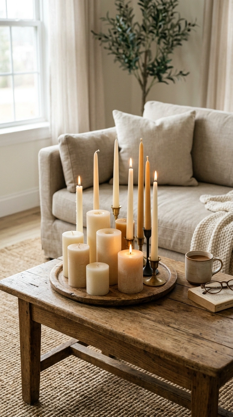 017 Candle Cluster Display A wooden coffee table with