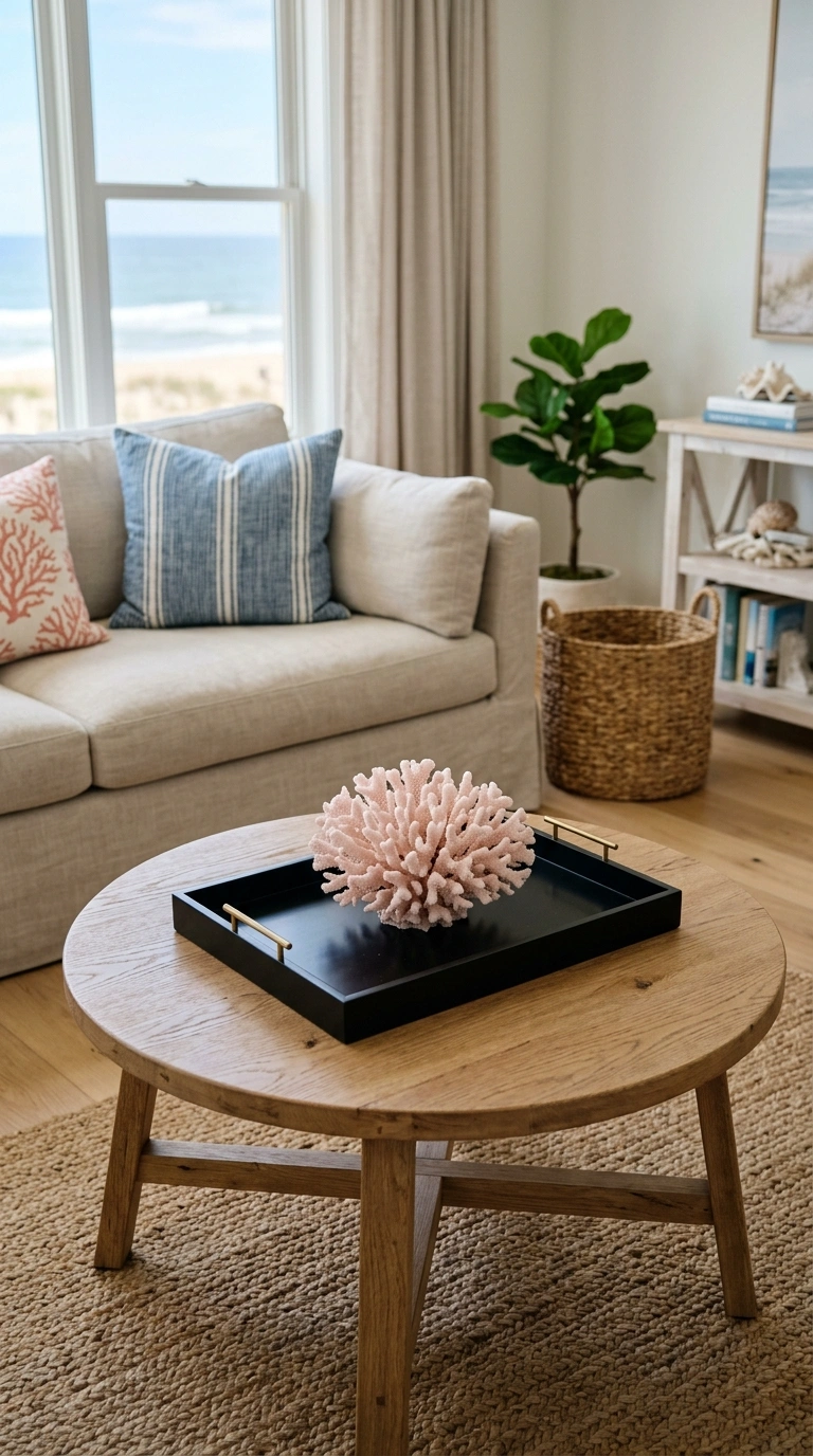 017 Coastal Coral Accent A coffee table with a black t