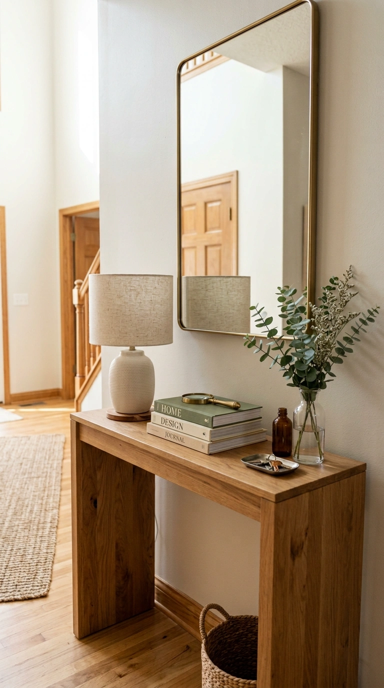 017 Console Table Vignette A narrow wood console table