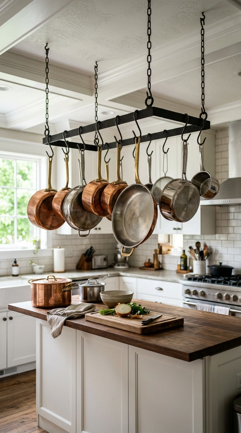 017 Copper Pot Rack A kitchen island with a black iron