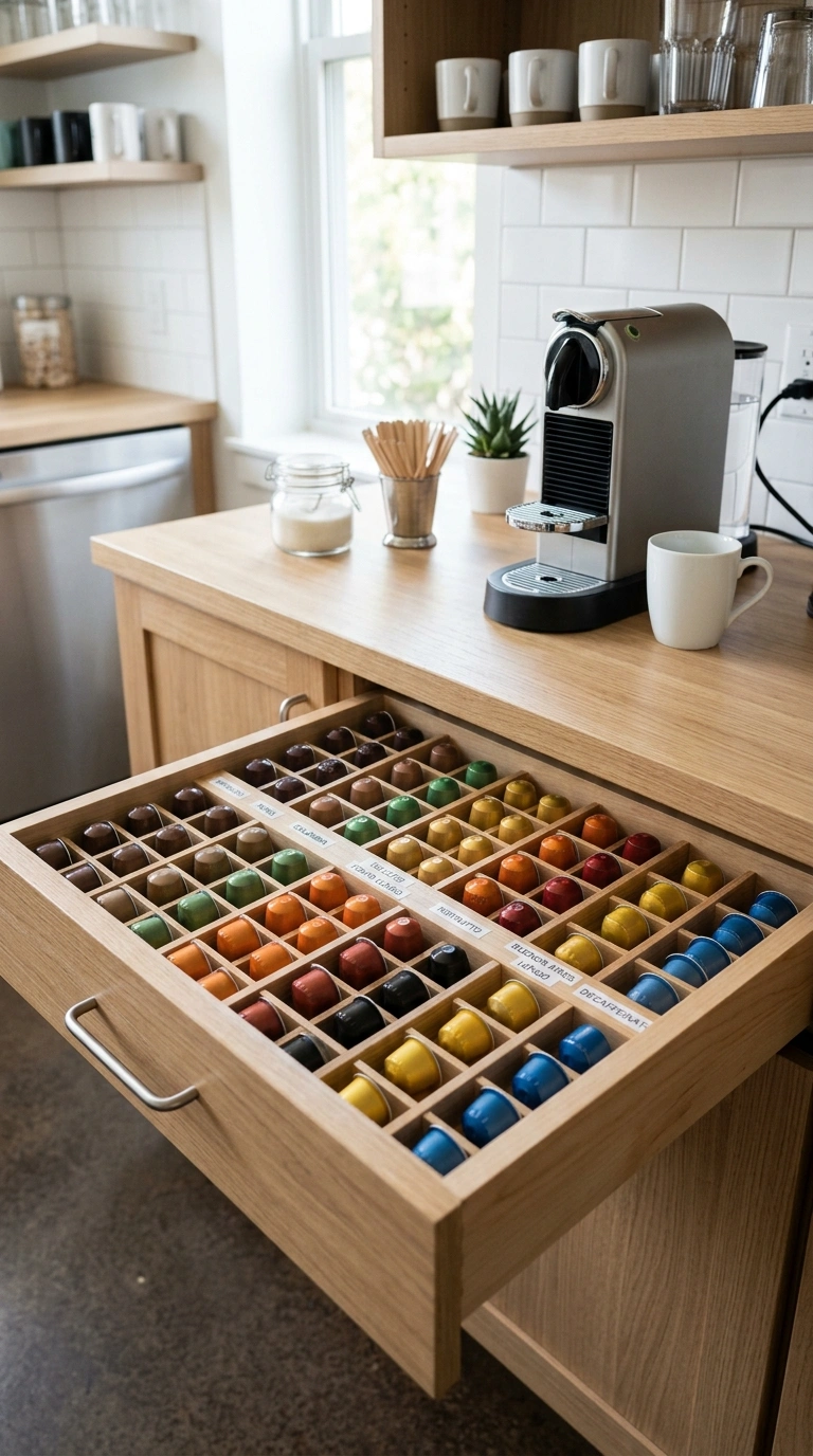 017 Drawer Pod Storage An open shallow drawer beside a