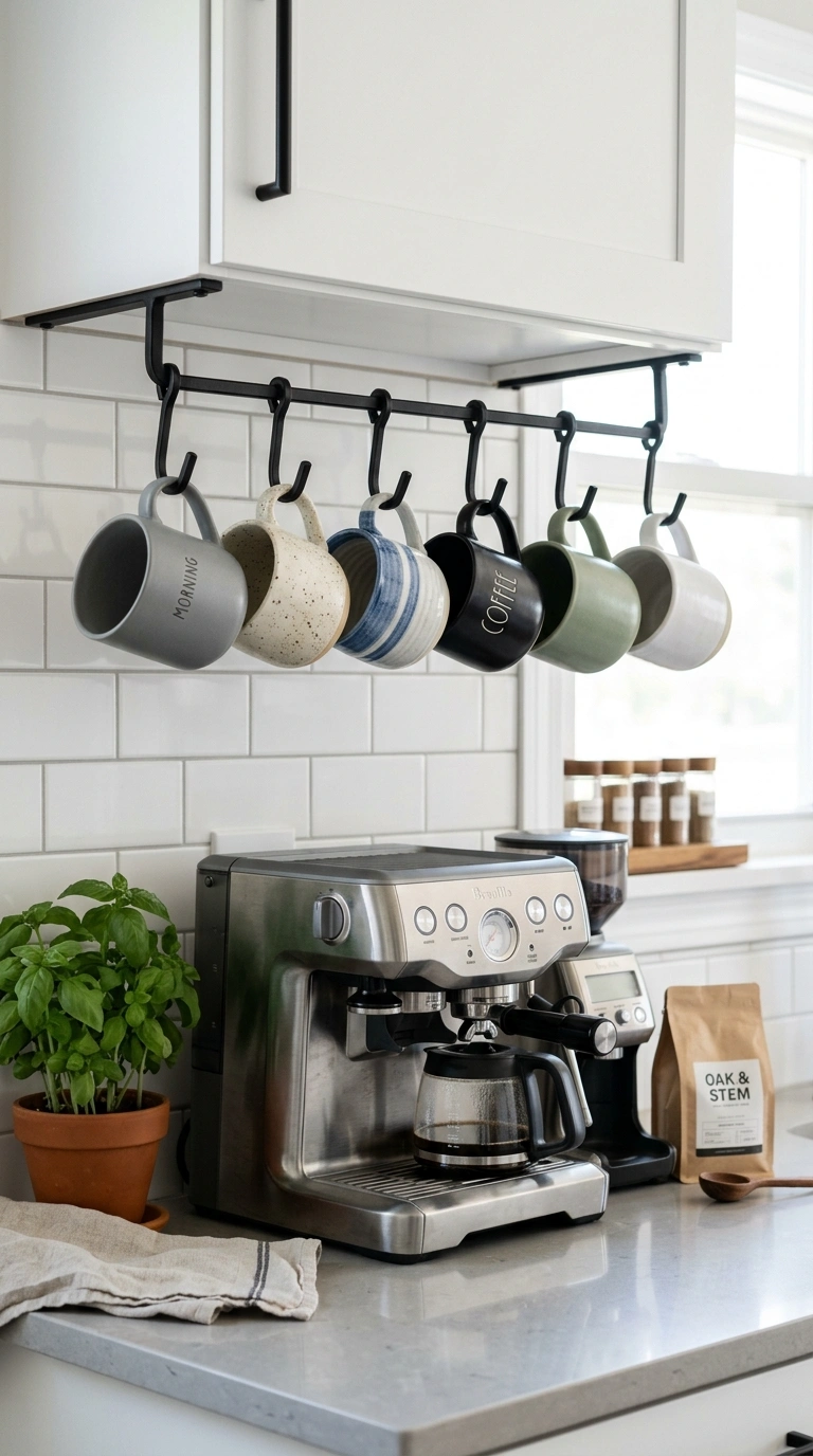 017 Hanging Mug Rack A black metal hook rack mounted u