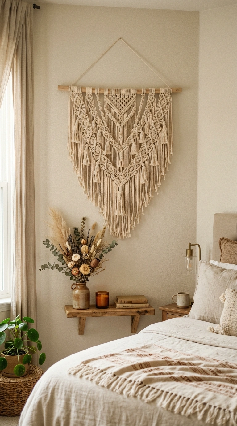017 Macrame Wall Hanging A bedroom wall with a natural
