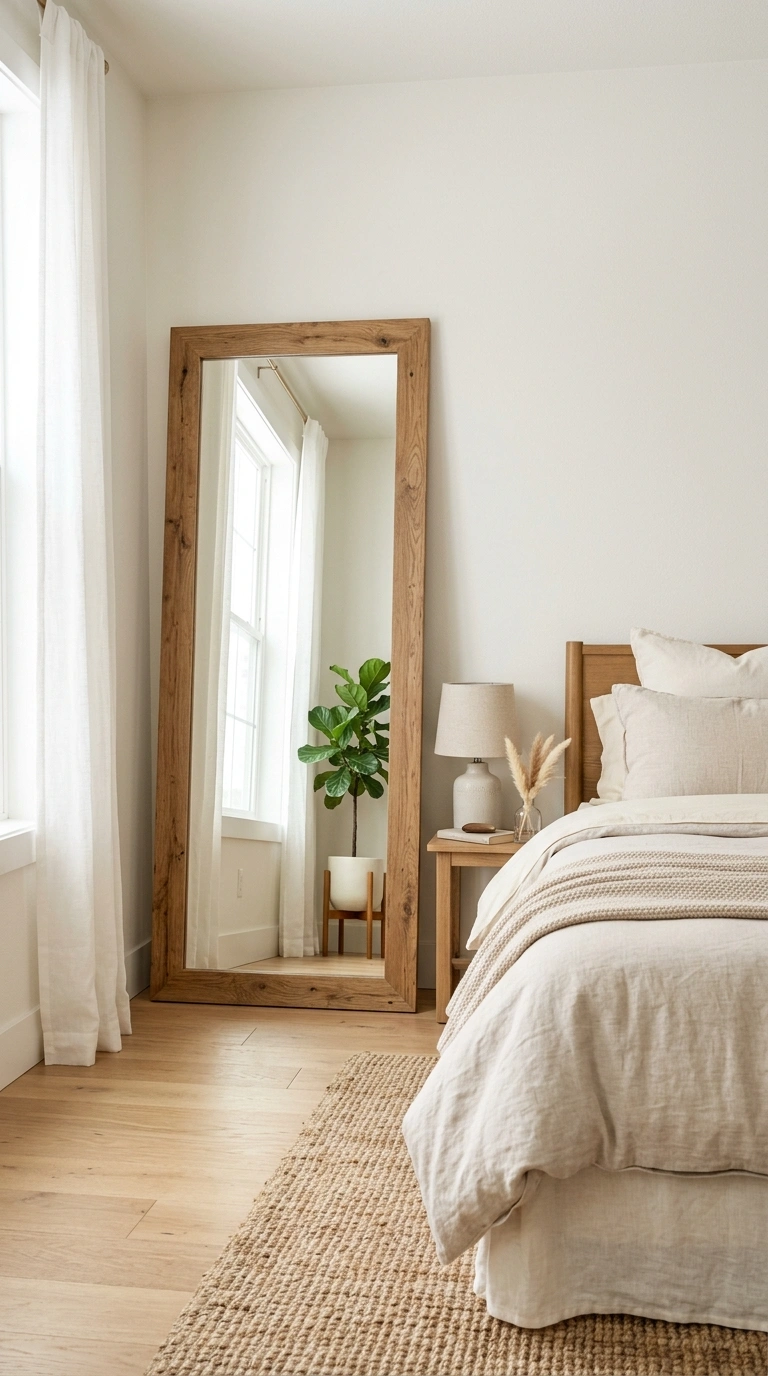 017 Mirror Placement A tall leaning wood framed mirror