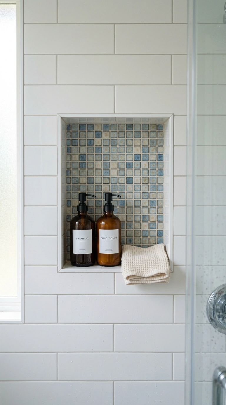 017 Open Storage Niche A shower wall with a recessed t