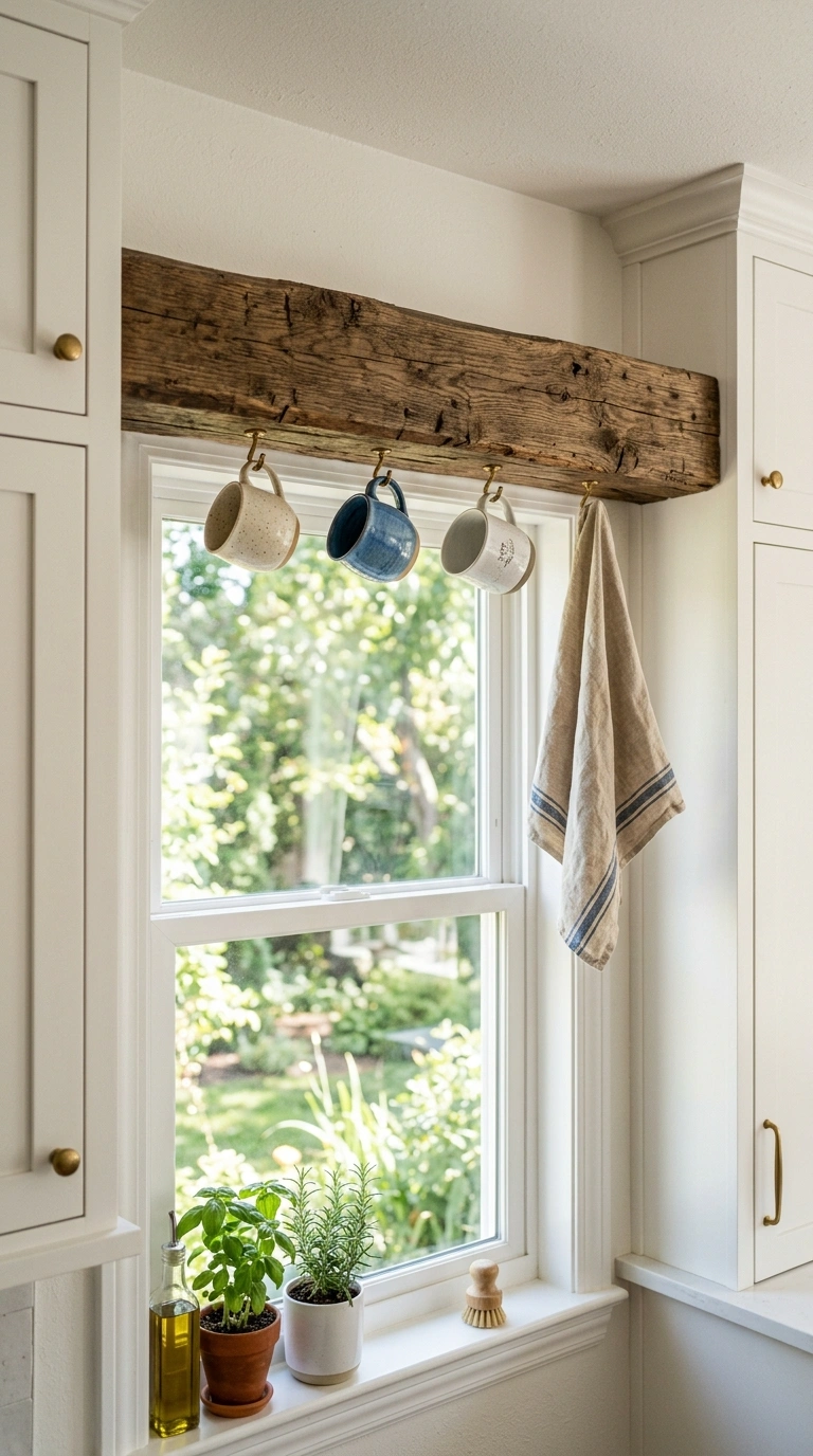 017 Rustic Wood Beam A reclaimed wood beam mounted hor