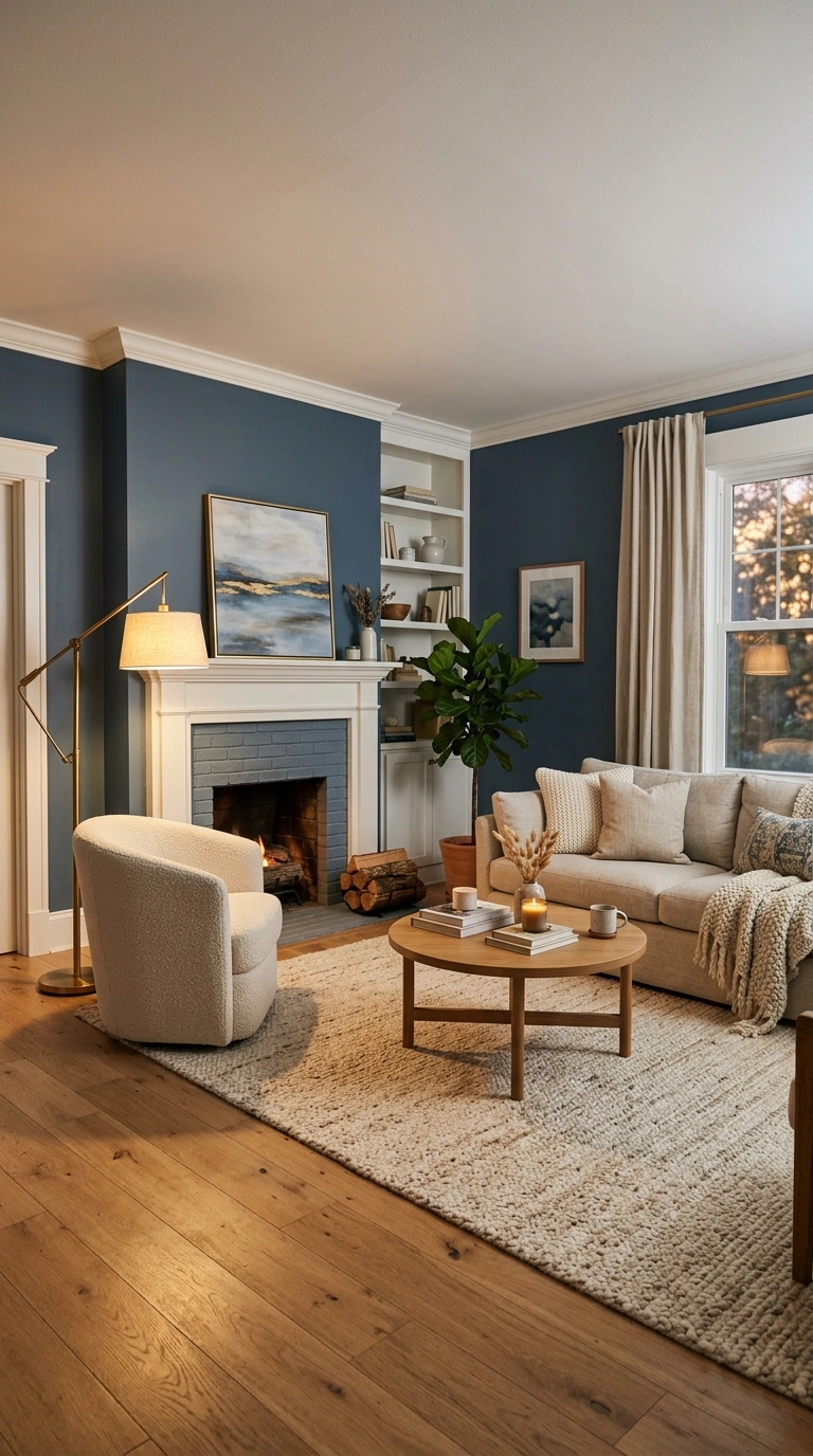 017 Slate Blue and Warm White A living room with slate