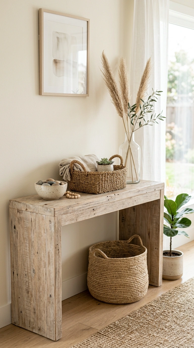 017 Sun Bleached Wood A living room console table in a
