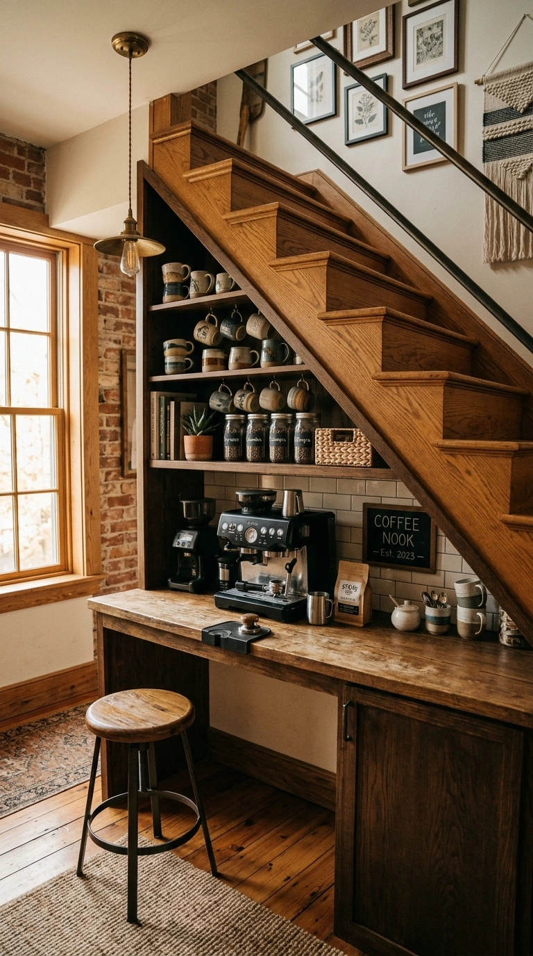 017 Under Stairs Bar A custom coffee nook built into t