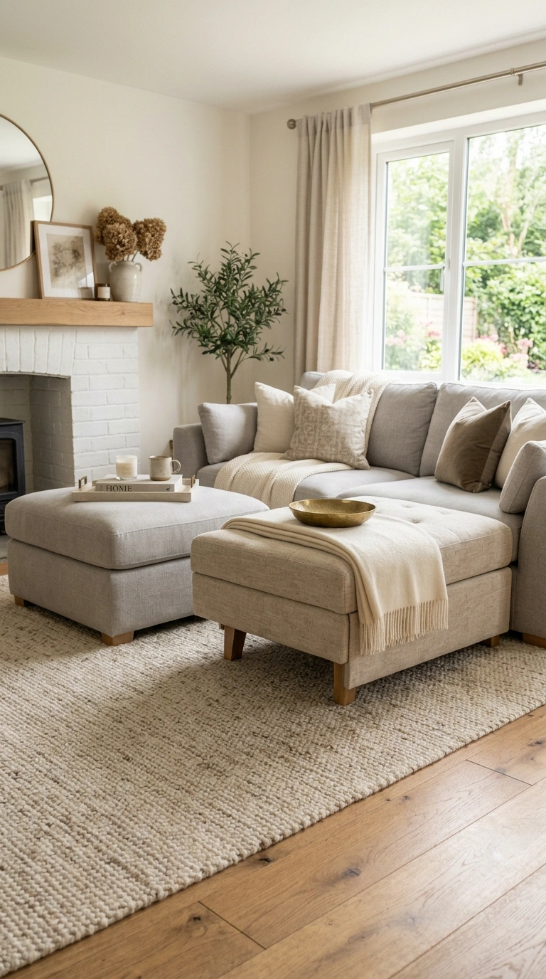 017 Upholstered Bench Seat A neutral linen upholstered