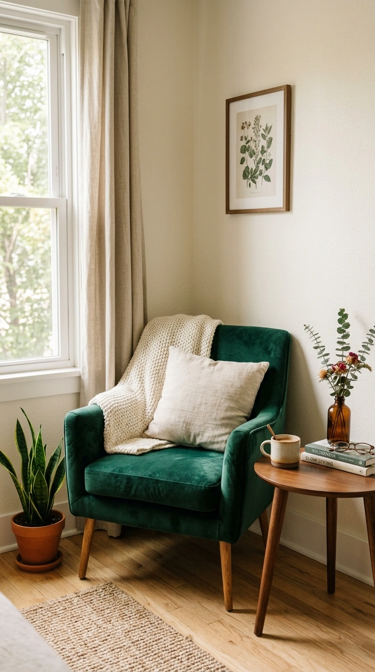 017 Velvet Accent Chair A small bedroom corner with a
