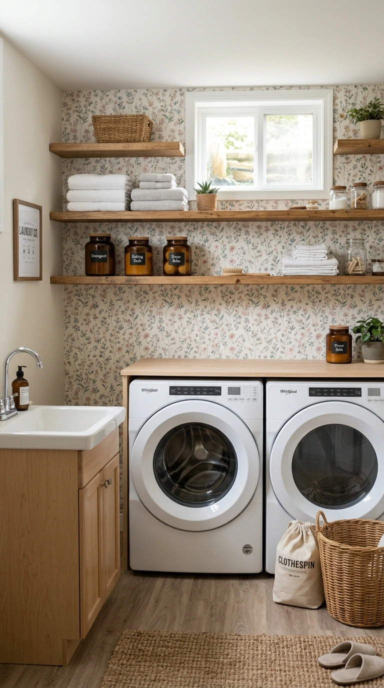 017 Wallpaper Accent Wall A basement laundry room with