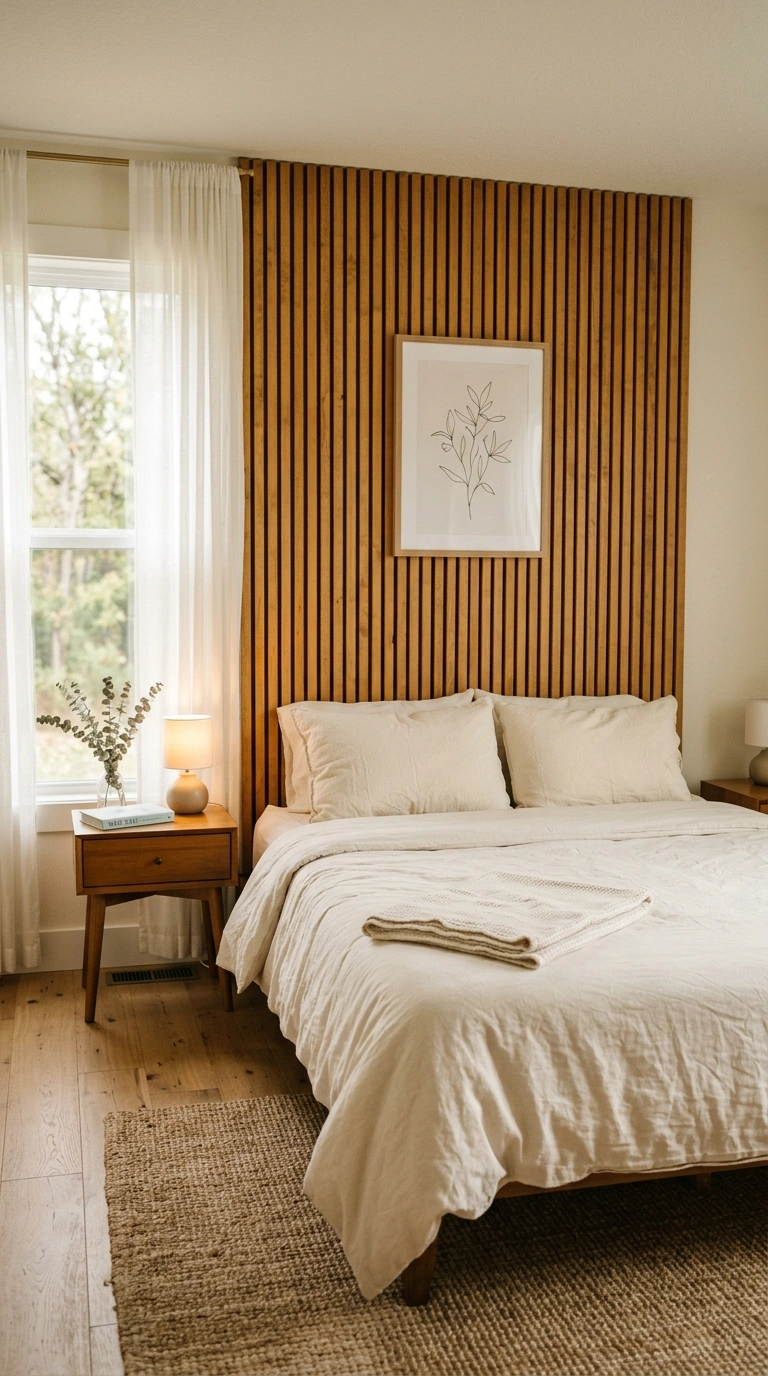 017 Warm Wood Paneling A bedroom with vertical wood sl