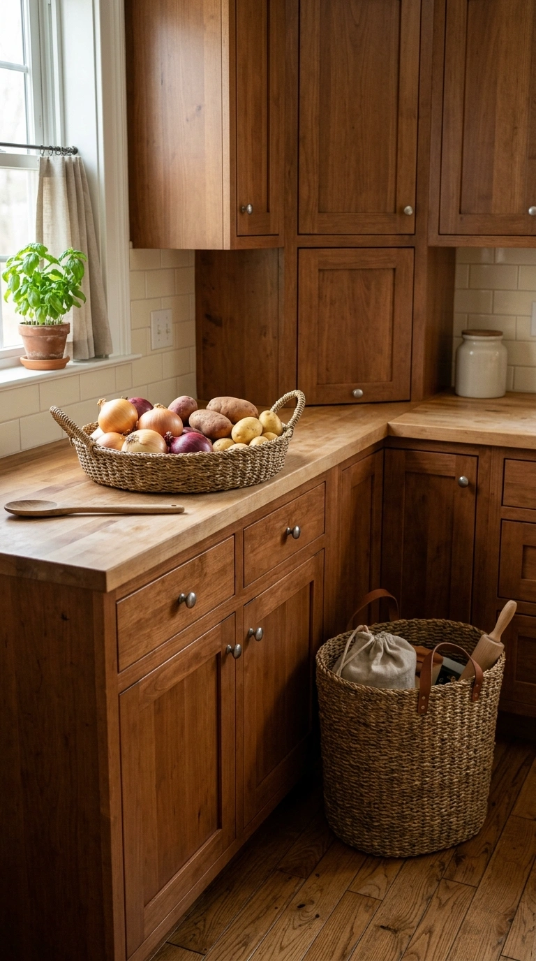 017 Woven Basket Storage A kitchen corner featuring a