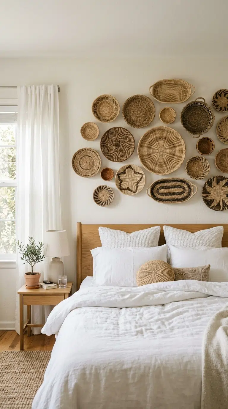 017 Woven Wall Baskets A bedroom wall above a bed styl