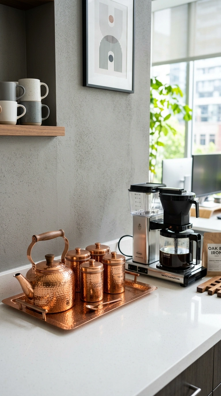 018 Copper Accent Station A copper kettle canisters an