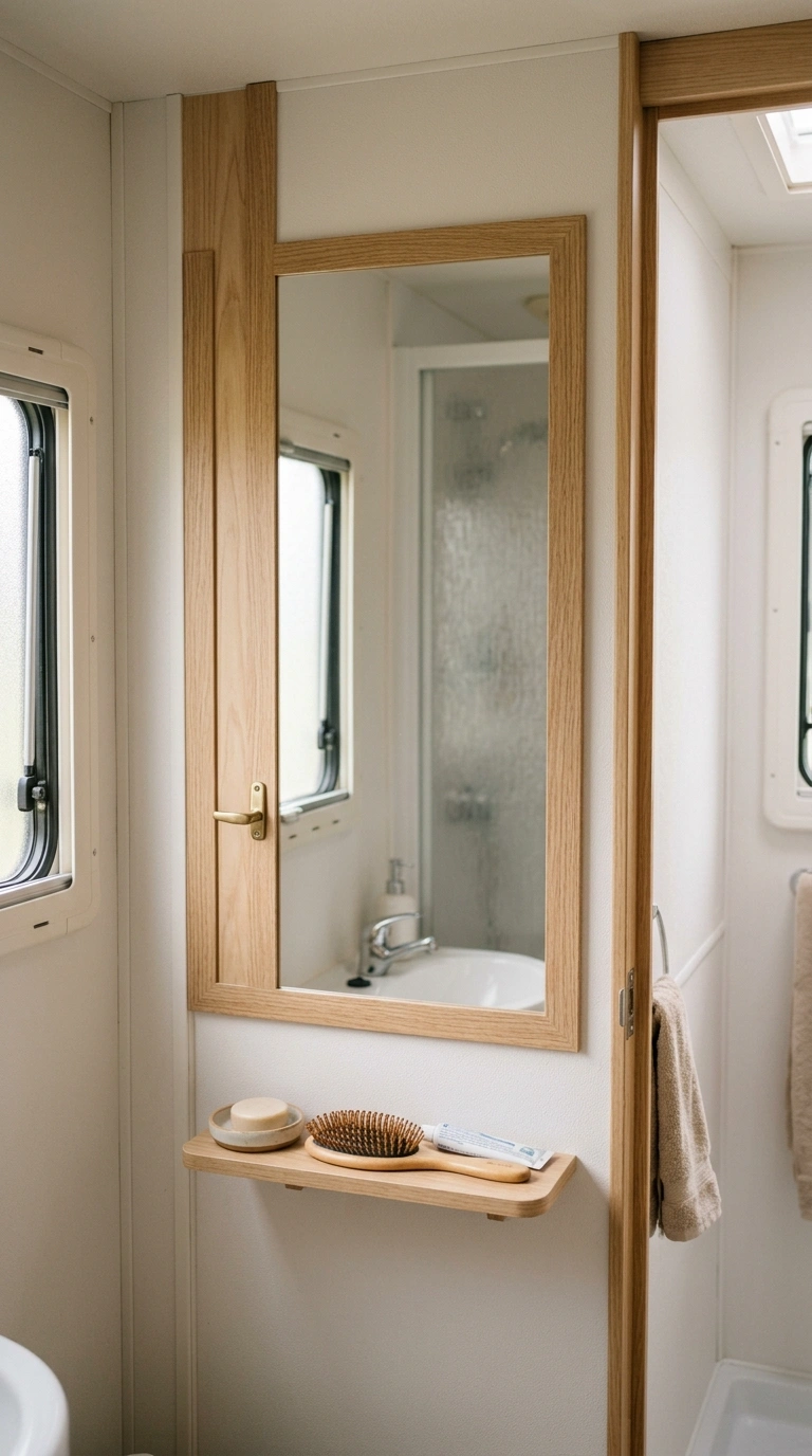 018 Door Mirror Decal A bathroom mirror inside an RV f