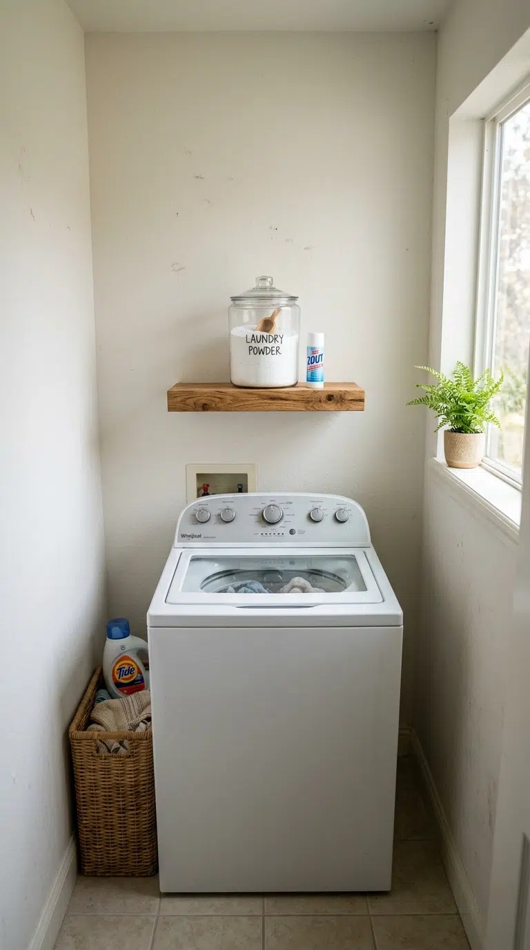 018 Floating Detergent Shelf A narrow laundry room wit