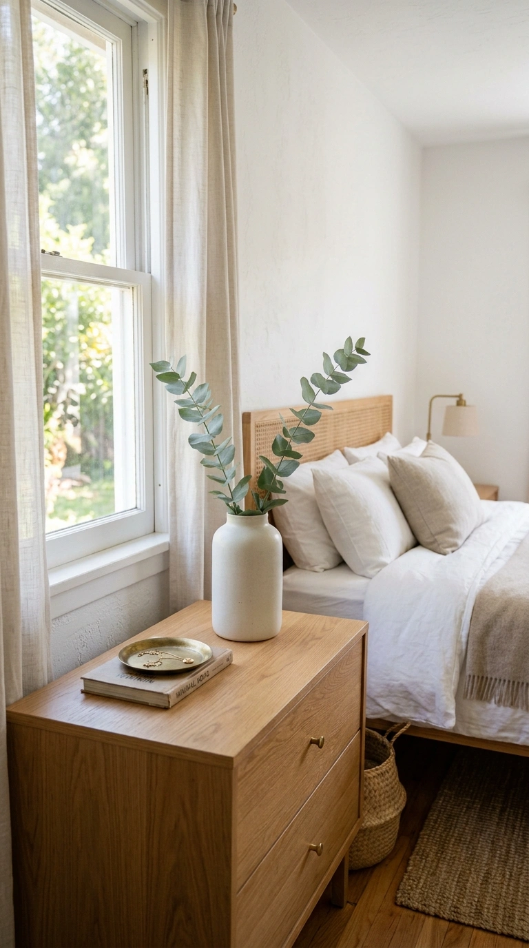 018 Fresh Flower Vase A small bedroom dresser with a s