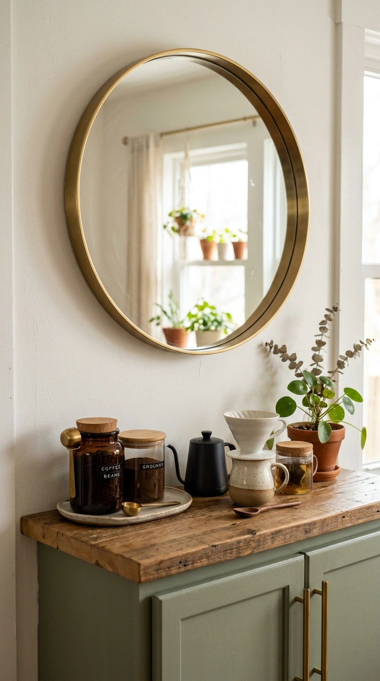 018 Mirror Above Counter A round brass framed mirror m