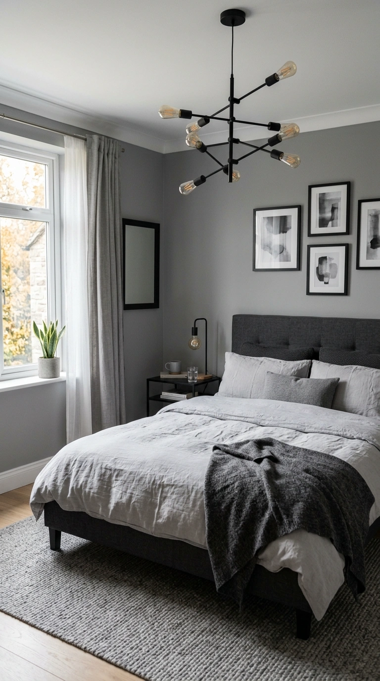018 Monochrome Grey Bedroom A bedroom with mid tone gr