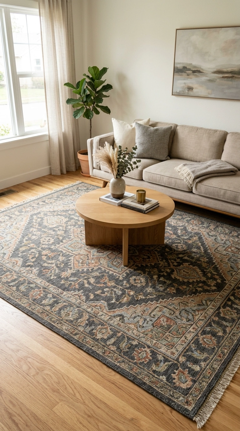 018 Patterned Area Rug A living room floor featuring a