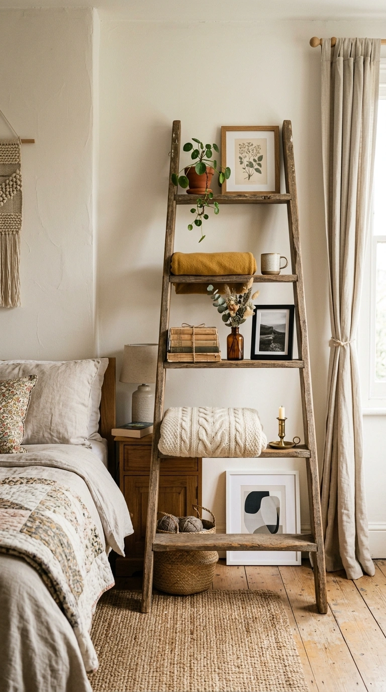 018 Repurposed Ladder Shelf A bedroom corner with a wo