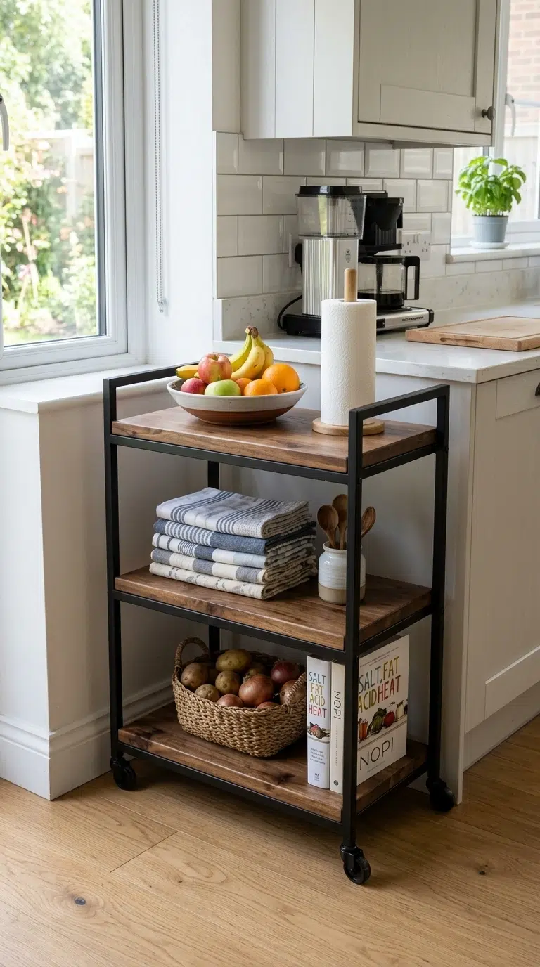 018 Rolling Cart Storage A three tier wooden and metal