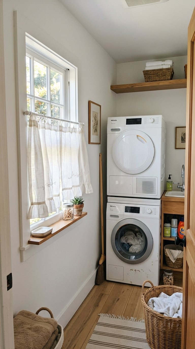 018 Small Window Curtain A narrow laundry room with a