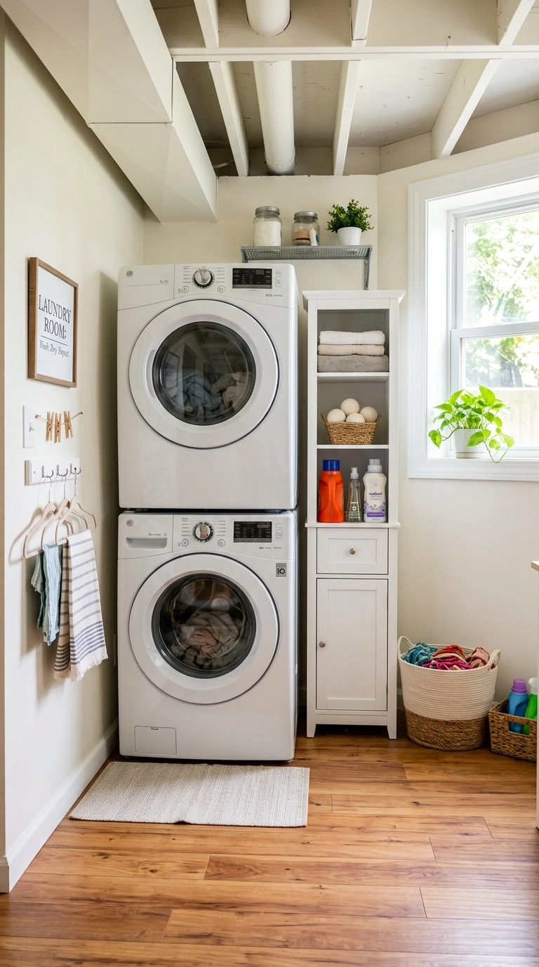 018 Stacked Washer Dryer A basement laundry nook with
